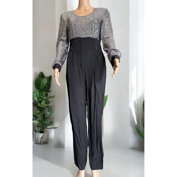 VTG 80s MENU Jumpsuit Womens Size 6 Black Silver Sequins Faux Tuxedo Rayon USA - Picture 1 of 13